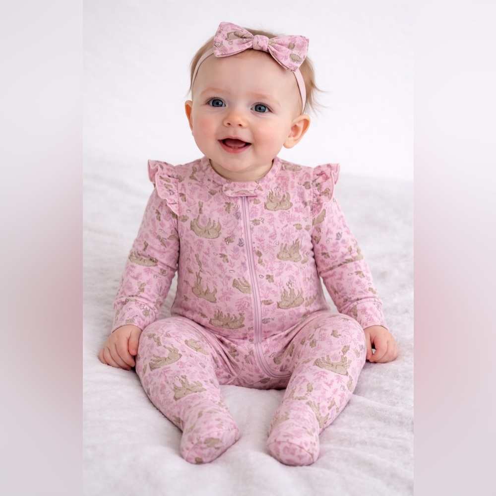Nordstrom Baby Zip Front Footie & Headband Set Pink Lotus Deer | NWT Size 9M